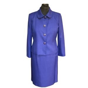 Le Suit Blue Four Button Two Piece Skirt Suit Size 12P